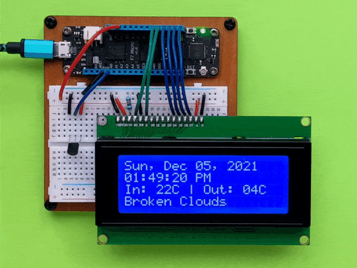 Video showing a Meadow connected to a multi-line character display showing the date, time, indoor and outdoor temperatures, and a weather description.