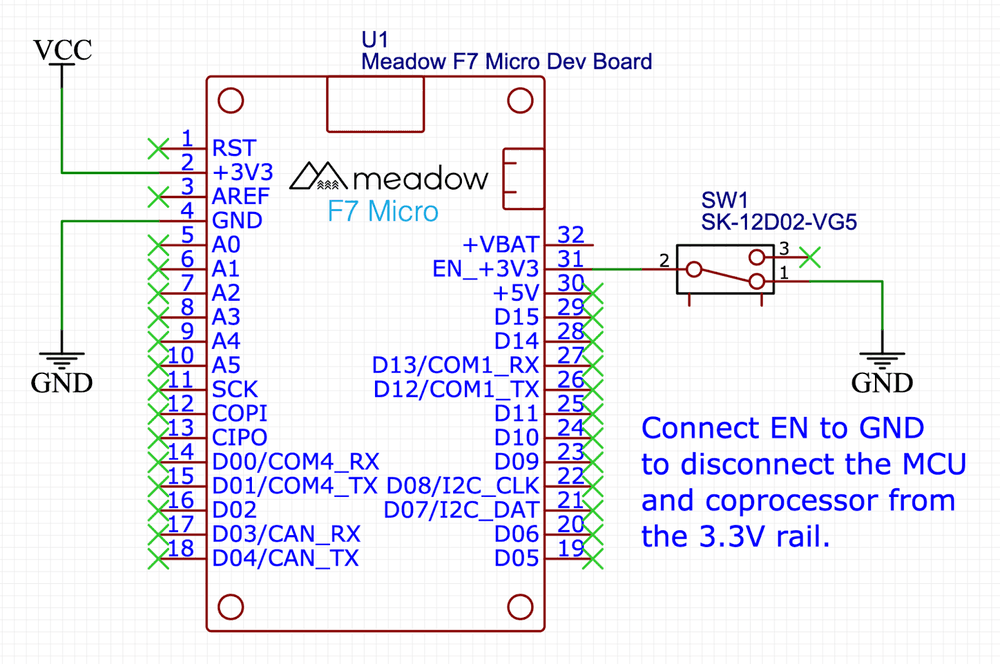 Schematic diagram of switch controlling the EN pin on the Meadow F7 Micro Dev Board, or Feather, where the switch lies between EN and GND.