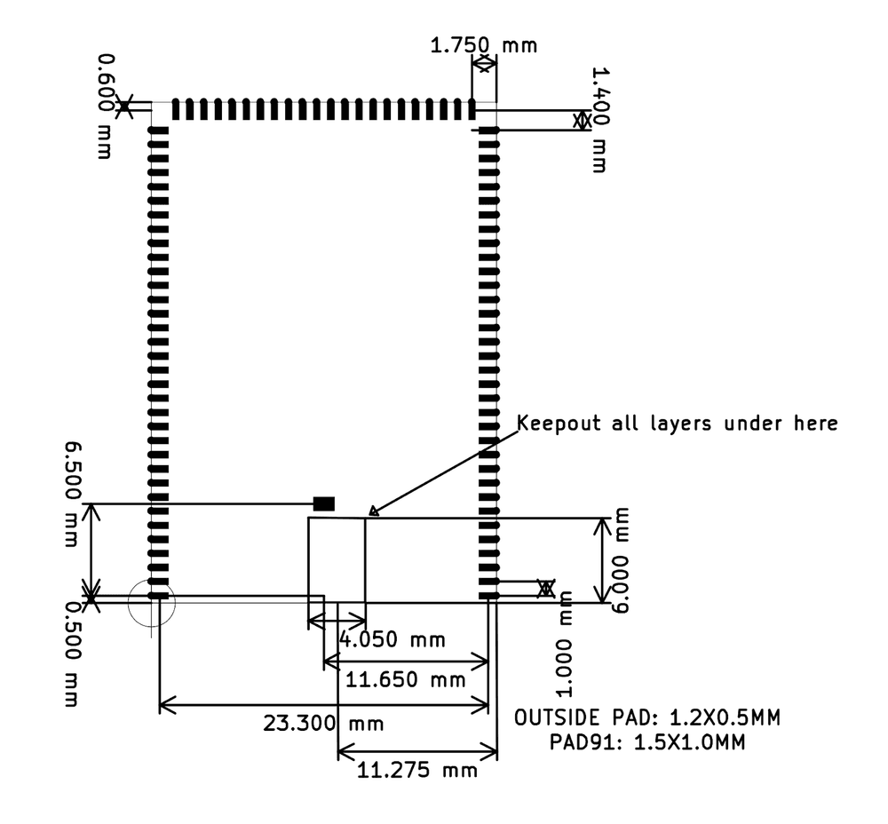 Diagram of recommended PCB footprint for Meadow Core-Compute Module, with an outside pad of 1.2 by 0.5 millimeters and PAD91 of 1.5 by 1.0 millimeters.