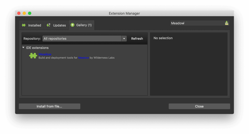 Visual Studio for Mac Extension Manager showing the Meadow extension in the Gallery search results.
