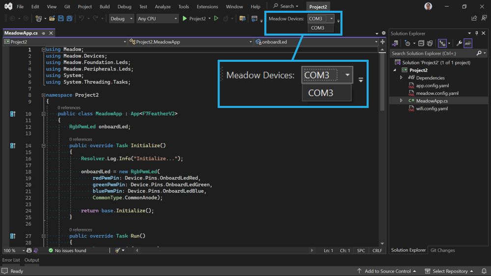 Meadow Devices dropdown in the Visual Studio toolbar showing a selected device port.