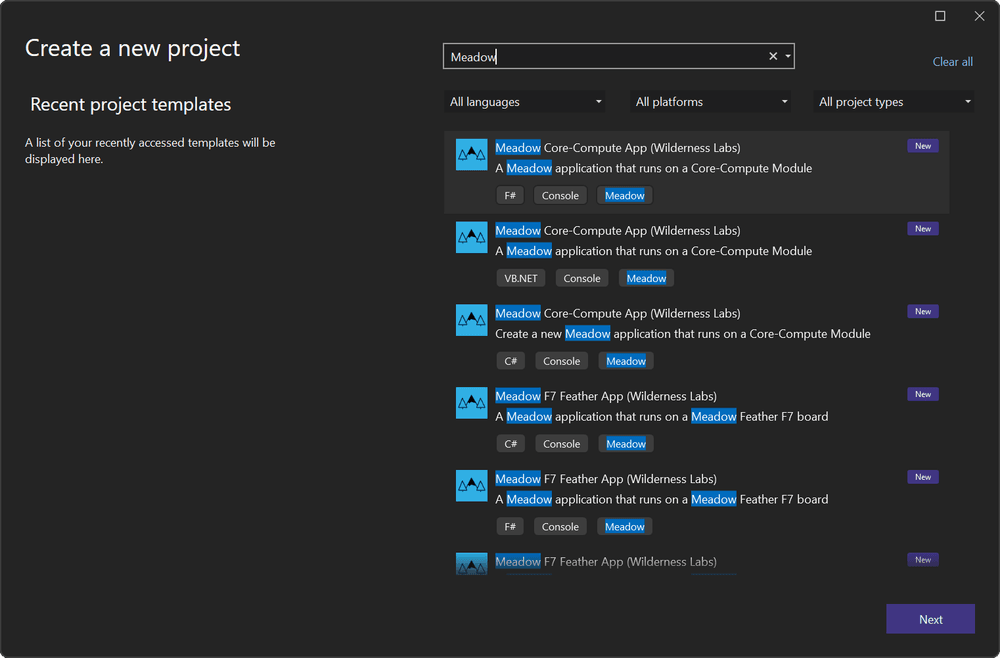 Visual Studio create a new project window showing several Meadow project temlates.