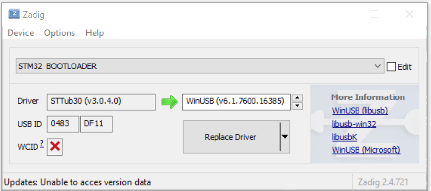 Zadig showing STM32 Bootloader device selected and WinUSB driver chosen with a Replace Driver button.